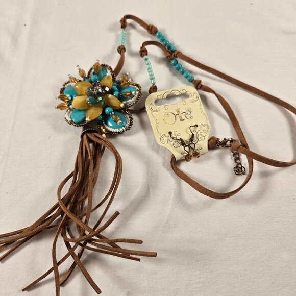 Handcrafted Leather‎ Beaded Necklace With Turquoise Yellow Floral Pendant Tassel - Picture 1 of 8